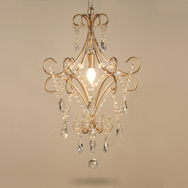 French Style Curvy Armed Ceiling Suspension Lamp 1 Bulb Metal Hanging Ceiling Pendant with Crystal Draping in Gold Gold Clearhalo 'Ceiling Lights' 'Modern Pendants' 'Modern' 'Pendant Lights' 'Pendants' Lighting' 263679