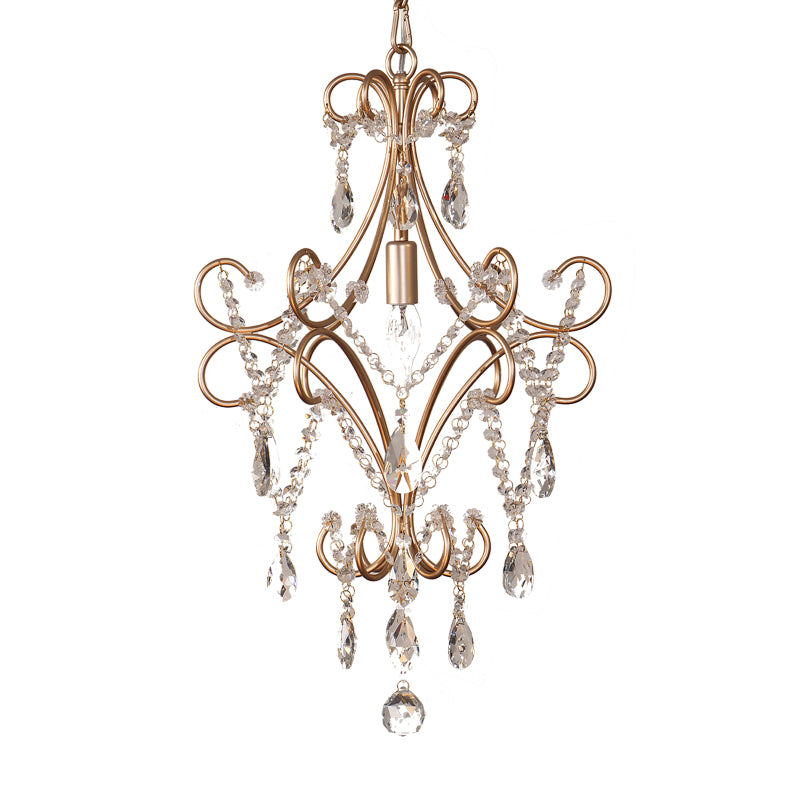 French Style Curvy Armed Ceiling Suspension Lamp 1 Bulb Metal Hanging Ceiling Pendant with Crystal Draping in Gold Clearhalo 'Ceiling Lights' 'Modern Pendants' 'Modern' 'Pendant Lights' 'Pendants' Lighting' 263681