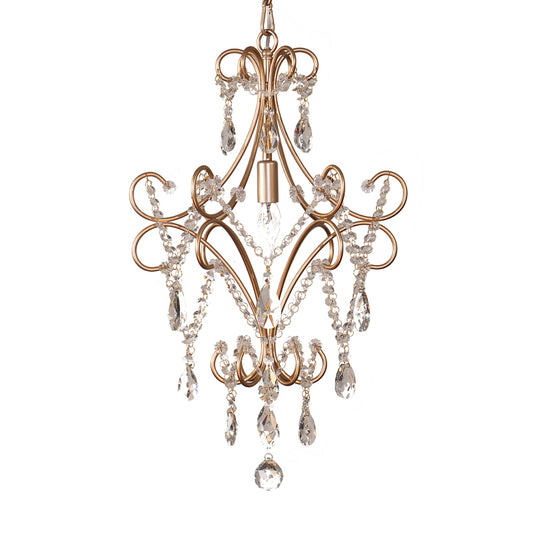 French Style Curvy Armed Ceiling Suspension Lamp 1 Bulb Metal Hanging Ceiling Pendant with Crystal Draping in Gold Clearhalo 'Ceiling Lights' 'Modern Pendants' 'Modern' 'Pendant Lights' 'Pendants' Lighting' 263681