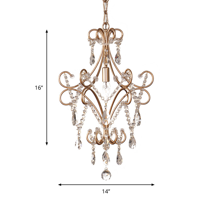 French Style Curvy Armed Ceiling Suspension Lamp 1 Bulb Metal Hanging Ceiling Pendant with Crystal Draping in Gold Clearhalo 'Ceiling Lights' 'Modern Pendants' 'Modern' 'Pendant Lights' 'Pendants' Lighting' 263682