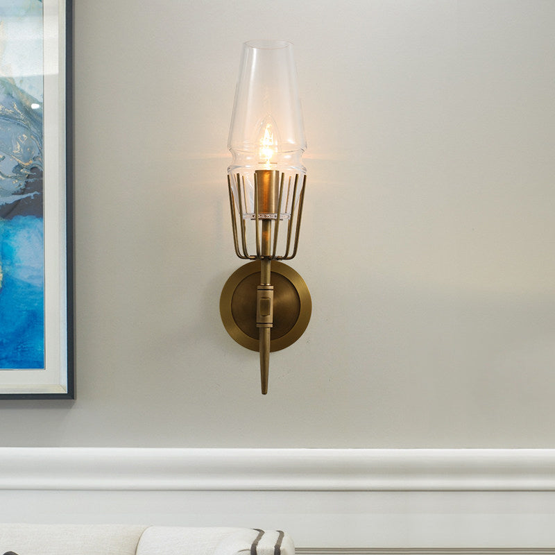 Clear Glass Brass Wall Sconce Cone 1/2-Light Colonialism Wall Light for Living Room 1.0 Brass Clearhalo 'Wall Lamps & Sconces' 'Wall Lights' Lighting' 263684