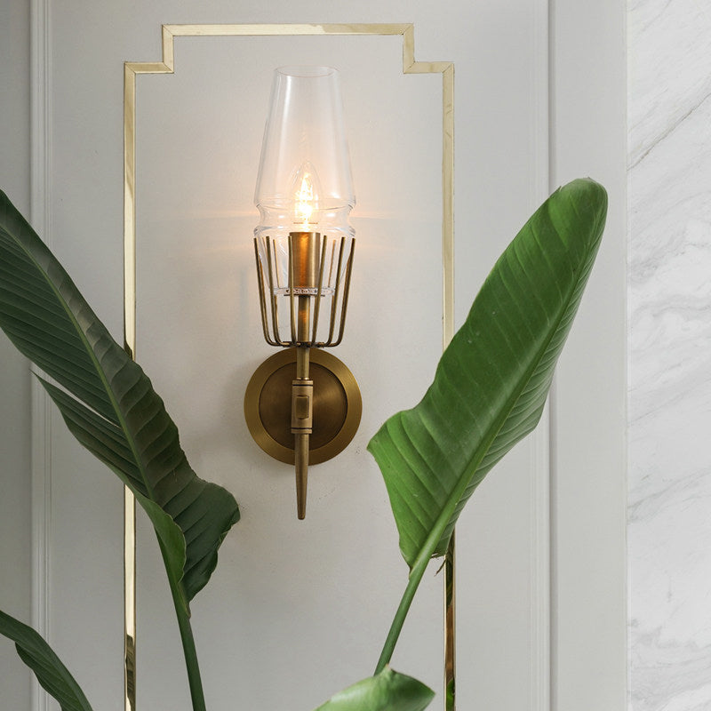 Clear Glass Brass Wall Sconce Cone 1/2-Light Colonialism Wall Light for Living Room Clearhalo 'Wall Lamps & Sconces' 'Wall Lights' Lighting' 263685