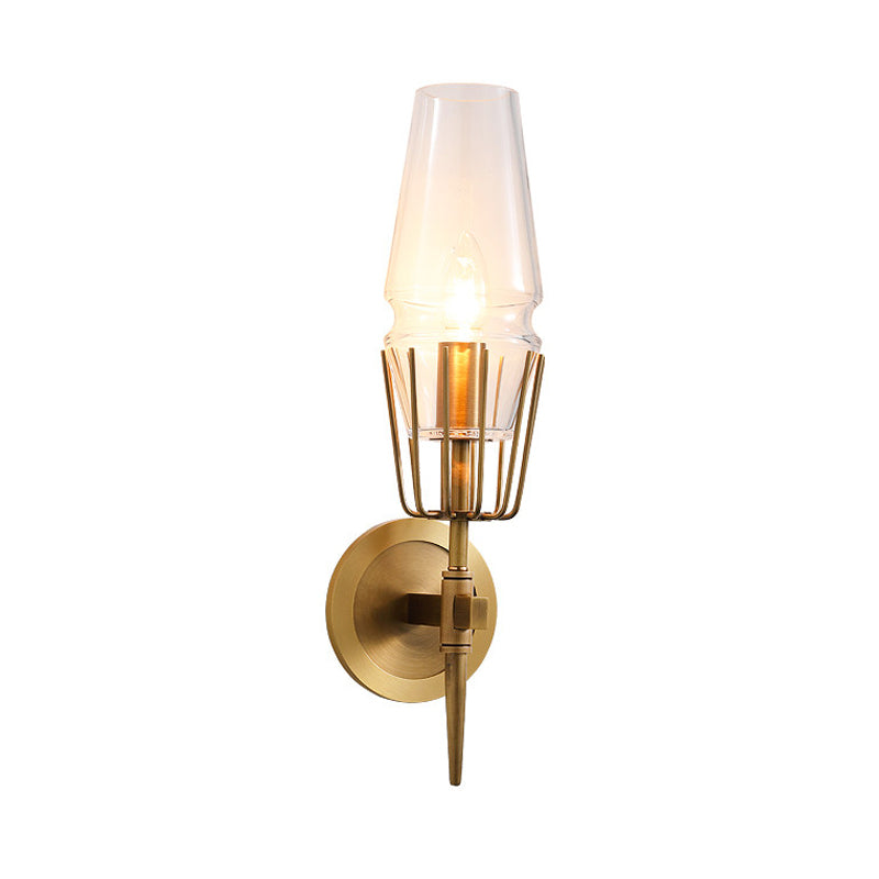 Clear Glass Brass Wall Sconce Cone 1/2-Light Colonialism Wall Light for Living Room Clearhalo 'Wall Lamps & Sconces' 'Wall Lights' Lighting' 263687