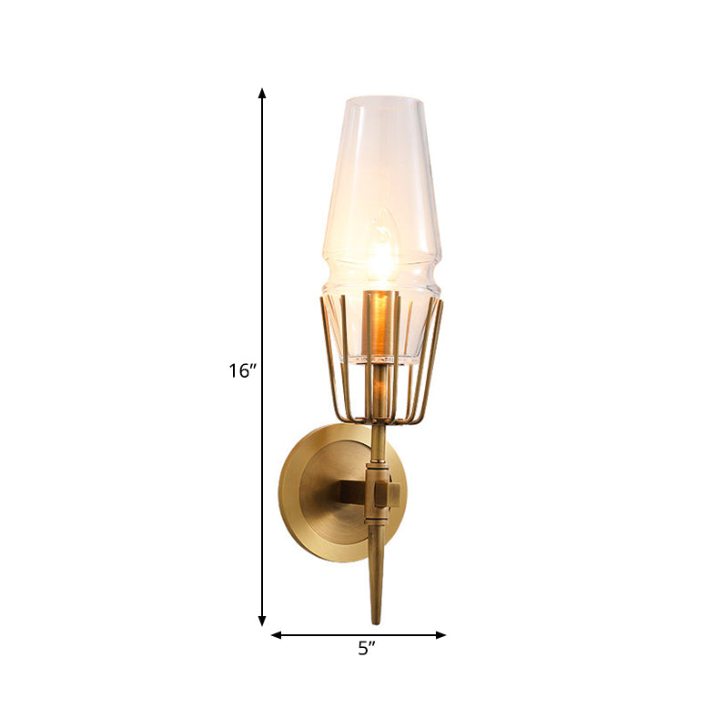 Clear Glass Brass Wall Sconce Cone 1/2-Light Colonialism Wall Light for Living Room Clearhalo 'Wall Lamps & Sconces' 'Wall Lights' Lighting' 263688