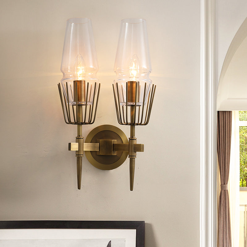 Clear Glass Brass Wall Sconce Cone 1/2-Light Colonialism Wall Light for Living Room 2.0 Brass Clearhalo 'Wall Lamps & Sconces' 'Wall Lights' Lighting' 263690