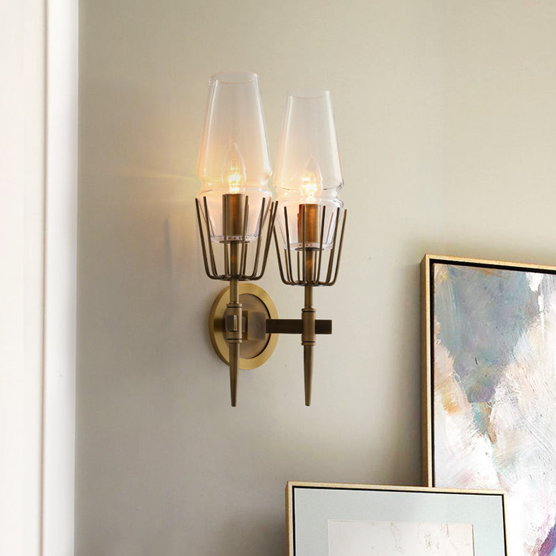 Clear Glass Brass Wall Sconce Cone 1/2-Light Colonialism Wall Light for Living Room Clearhalo 'Wall Lamps & Sconces' 'Wall Lights' Lighting' 263691