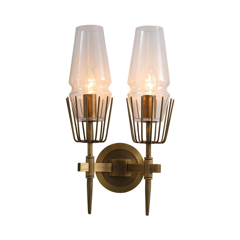 Clear Glass Brass Wall Sconce Cone 1/2-Light Colonialism Wall Light for Living Room Clearhalo 'Wall Lamps & Sconces' 'Wall Lights' Lighting' 263693