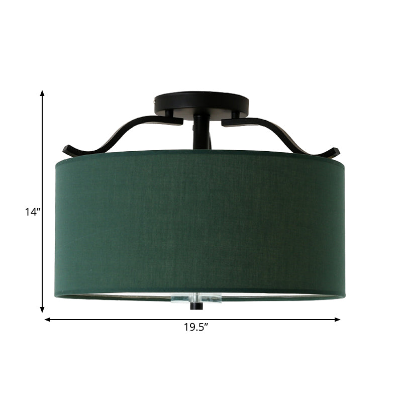 16"/18"/19.5" Dia 3-Light Fabric Semi Flush Light Farmhouse Green Round Bedroom Ceiling Light Fixture Clearhalo 'Ceiling Lights' 'Close To Ceiling Lights' 'Close to ceiling' 'Semi-flushmount' Lighting' 263746