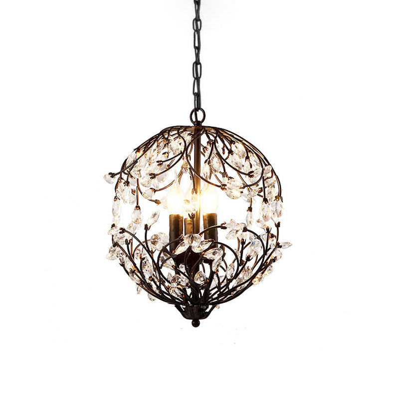 Traditional Floral Sphere Hanging Chandelier 3-Light Black/Bronze Iron Suspension Lamp with Crystal Accent Clearhalo 'Ceiling Lights' 'Chandeliers' 'Modern Chandeliers' 'Modern' Lighting' 263750