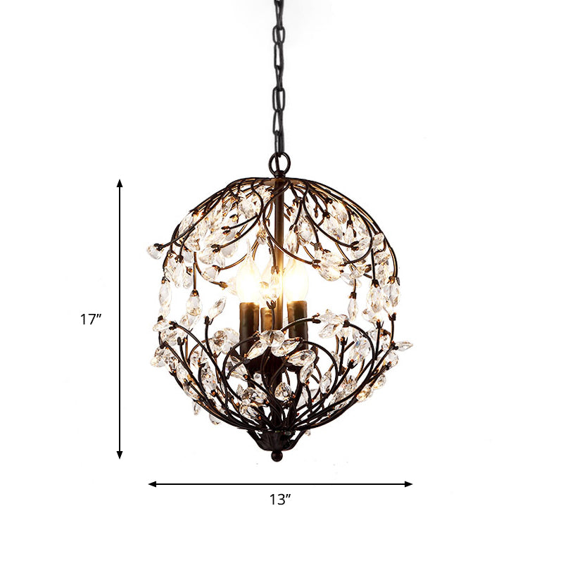 Traditional Floral Sphere Hanging Chandelier 3-Light Black/Bronze Iron Suspension Lamp with Crystal Accent Clearhalo 'Ceiling Lights' 'Chandeliers' 'Modern Chandeliers' 'Modern' Lighting' 263751