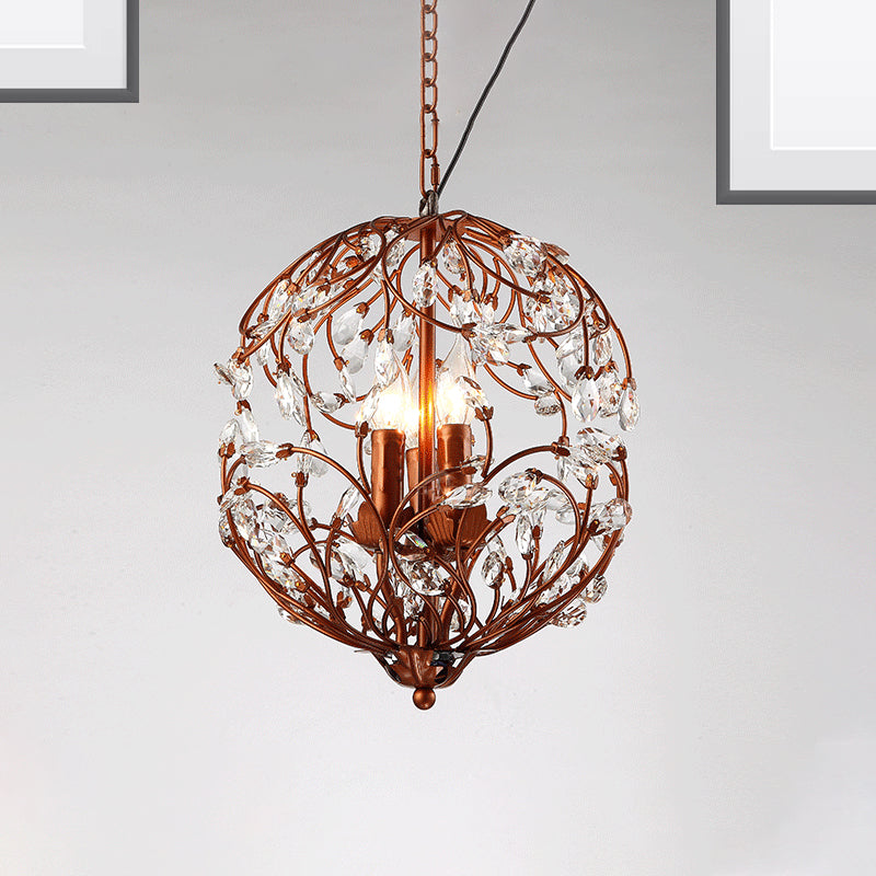 Traditional Floral Sphere Hanging Chandelier 3-Light Black/Bronze Iron Suspension Lamp with Crystal Accent Bronze Clearhalo 'Ceiling Lights' 'Chandeliers' 'Modern Chandeliers' 'Modern' Lighting' 263753