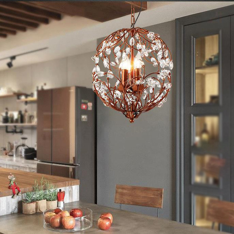 Traditional Floral Sphere Hanging Chandelier 3-Light Black/Bronze Iron Suspension Lamp with Crystal Accent Clearhalo 'Ceiling Lights' 'Chandeliers' 'Modern Chandeliers' 'Modern' Lighting' 263755