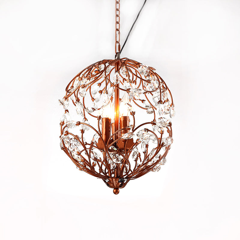 Traditional Floral Sphere Hanging Chandelier 3-Light Black/Bronze Iron Suspension Lamp with Crystal Accent Clearhalo 'Ceiling Lights' 'Chandeliers' 'Modern Chandeliers' 'Modern' Lighting' 263756