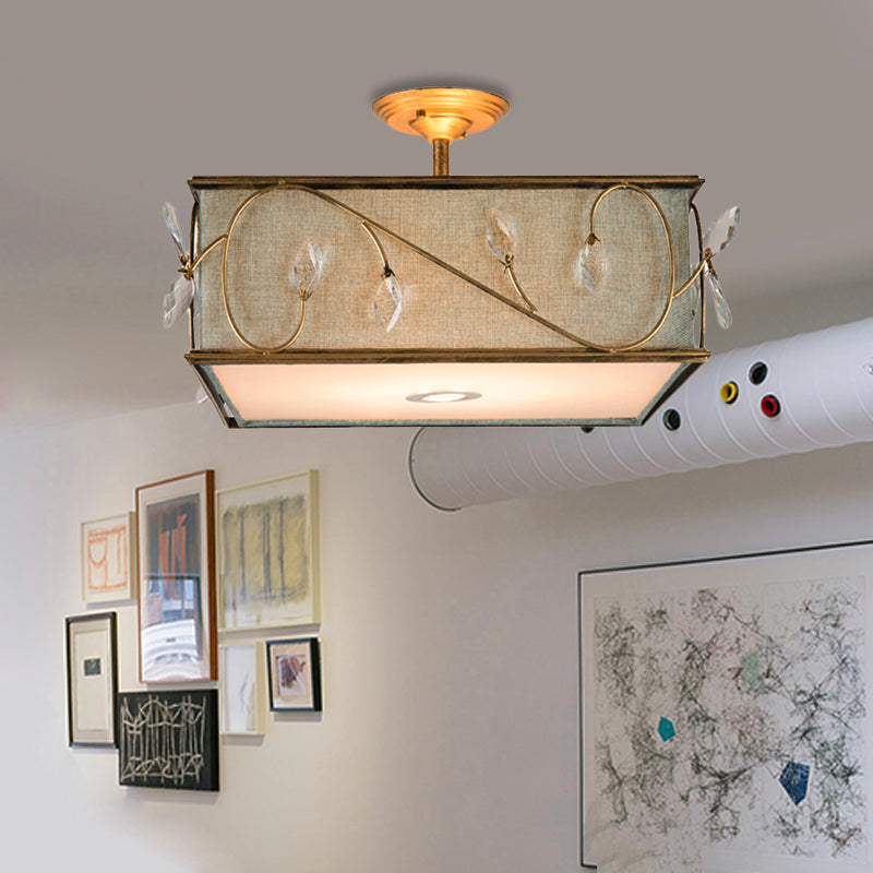 Flaxen 3 Lights Semi Flush Mount Lamp Rustic Fabric Cuboid Ceiling Mounted Light Flaxen Clearhalo 'Ceiling Lights' 'Close To Ceiling Lights' 'Close to ceiling' 'Semi-flushmount' Lighting' 263758