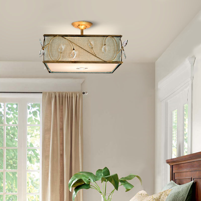 Flaxen 3 Lights Semi Flush Mount Lamp Rustic Fabric Cuboid Ceiling Mounted Light Clearhalo 'Ceiling Lights' 'Close To Ceiling Lights' 'Close to ceiling' 'Semi-flushmount' Lighting' 263760