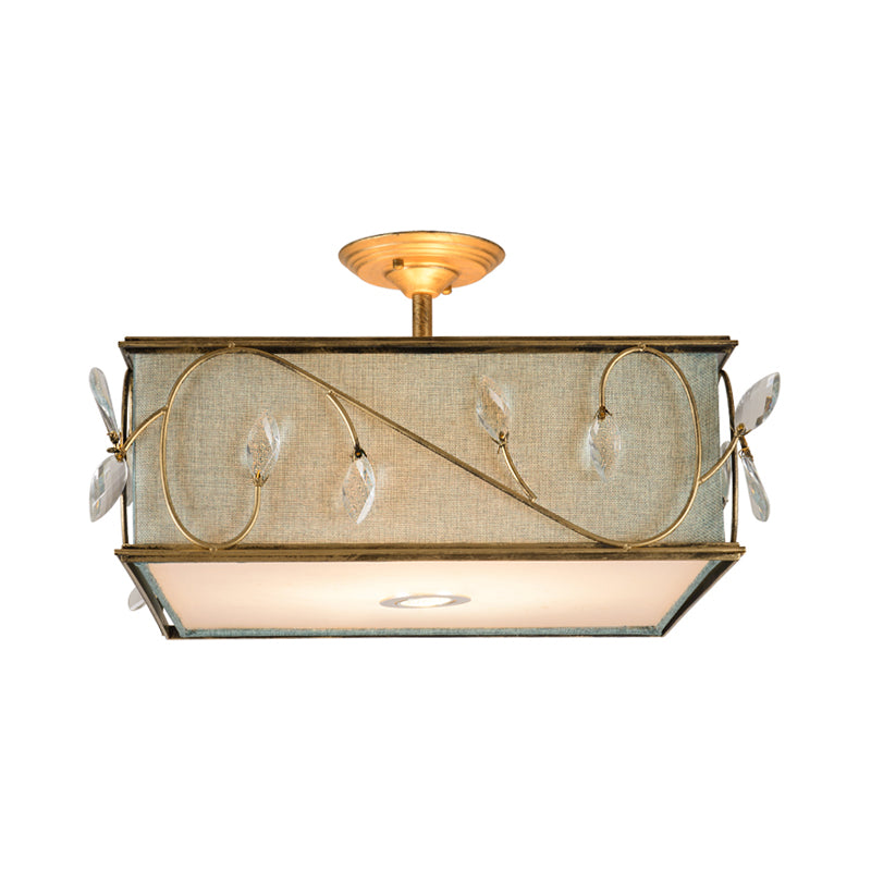 Flaxen 3 Lights Semi Flush Mount Lamp Rustic Fabric Cuboid Ceiling Mounted Light Clearhalo 'Ceiling Lights' 'Close To Ceiling Lights' 'Close to ceiling' 'Semi-flushmount' Lighting' 263761