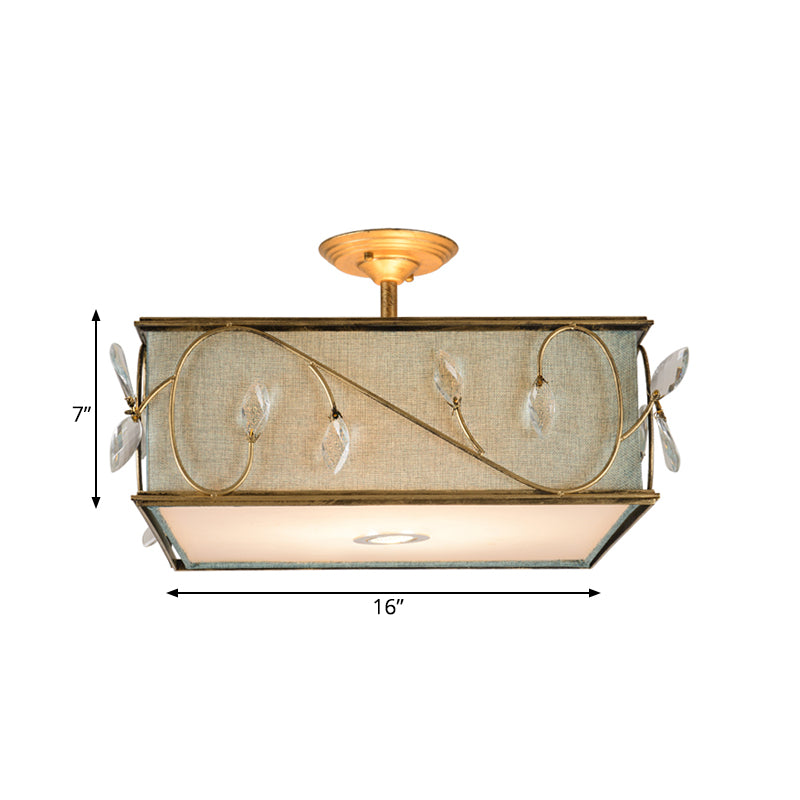 Flaxen 3 Lights Semi Flush Mount Lamp Rustic Fabric Cuboid Ceiling Mounted Light Clearhalo 'Ceiling Lights' 'Close To Ceiling Lights' 'Close to ceiling' 'Semi-flushmount' Lighting' 263762