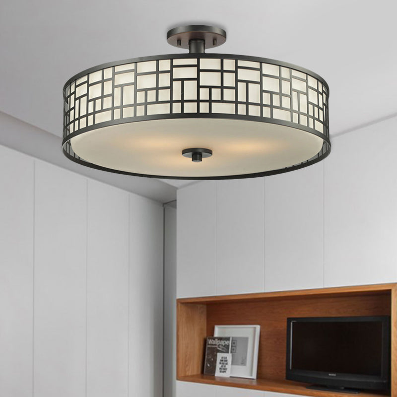 Black Circular Semi Flush Mount Chinese Style Metallic 4/3 Lights Flushmount Lighting, 16"/19.5"/23.5" Dia Black Clearhalo 'Ceiling Lights' 'Close To Ceiling Lights' 'Close to ceiling' 'Semi-flushmount' Lighting' 263802