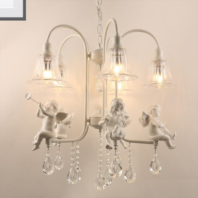 Flared Chandelier Pendant Traditional Plexiglas 5 Lights White Ceiling Light Fixture with Angels and Crystal Drop Clearhalo 'Ceiling Lights' 'Chandeliers' Lighting' options 263809