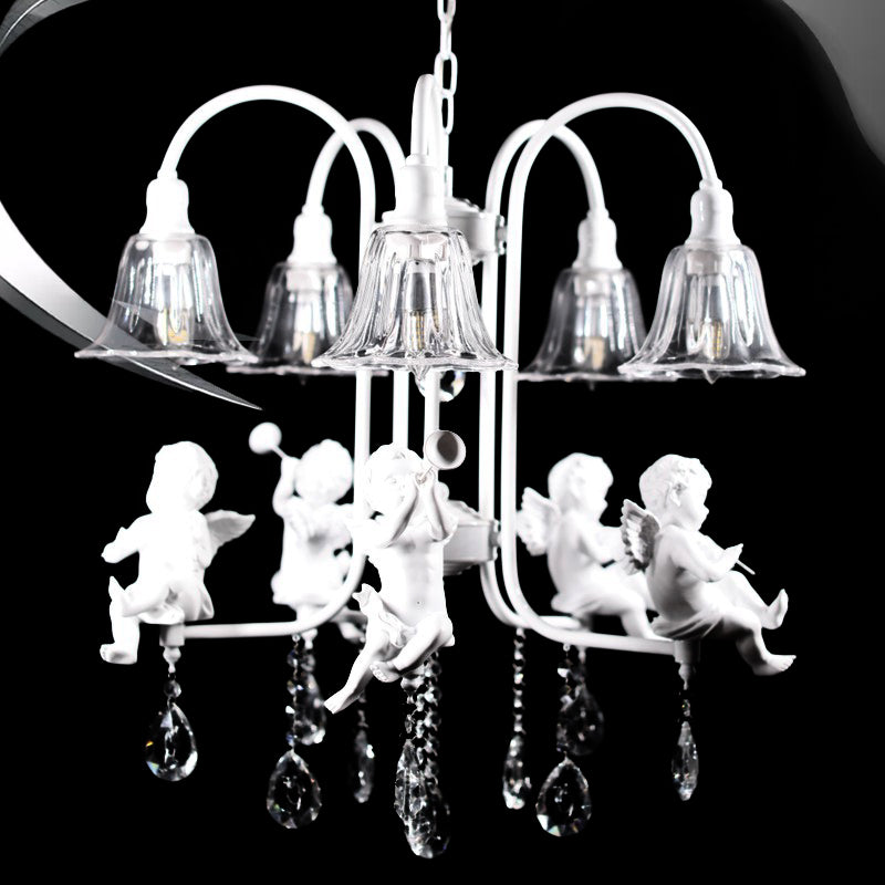Flared Chandelier Pendant Traditional Plexiglas 5 Lights White Ceiling Light Fixture with Angels and Crystal Drop Clearhalo 'Ceiling Lights' 'Chandeliers' Lighting' options 263810