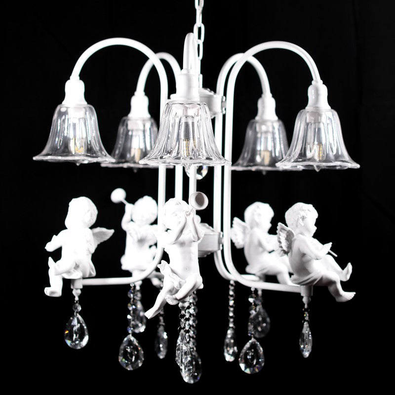 Flared Chandelier Pendant Traditional Plexiglas 5 Lights White Ceiling Light Fixture with Angels and Crystal Drop Clearhalo 'Ceiling Lights' 'Chandeliers' Lighting' options 263812