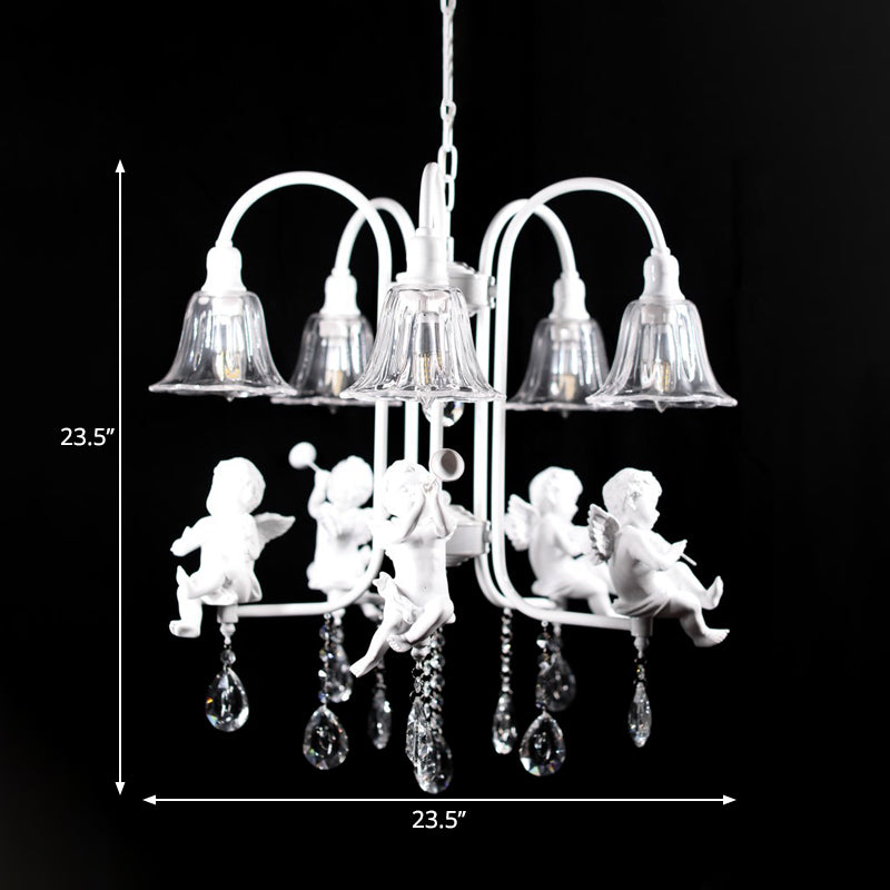 Flared Chandelier Pendant Traditional Plexiglas 5 Lights White Ceiling Light Fixture with Angels and Crystal Drop Clearhalo 'Ceiling Lights' 'Chandeliers' Lighting' options 263813