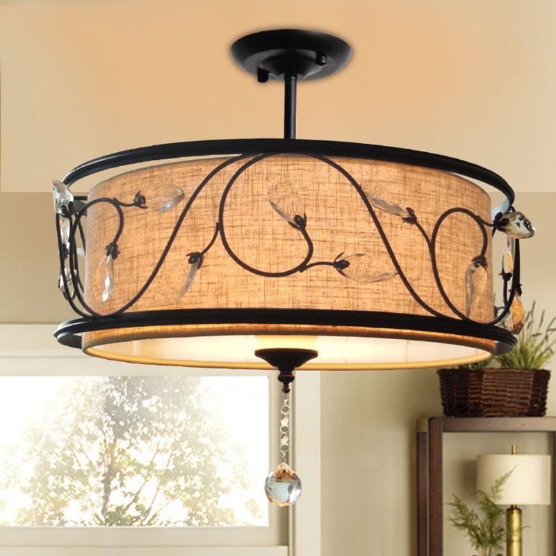 4-Light Black Semi Flush Mount Light 14"/21.5" Dia Rustic Branch Iron Ceiling Light Fixture with Fabric Shade and Crystal Draping Clearhalo 'Ceiling Lights' 'Close To Ceiling Lights' 'Close to ceiling' 'Semi-flushmount' Lighting' 263835