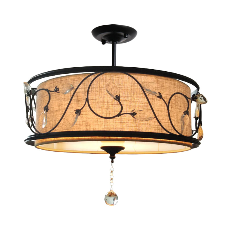 4-Light Black Semi Flush Mount Light 14"/21.5" Dia Rustic Branch Iron Ceiling Light Fixture with Fabric Shade and Crystal Draping Clearhalo 'Ceiling Lights' 'Close To Ceiling Lights' 'Close to ceiling' 'Semi-flushmount' Lighting' 263837