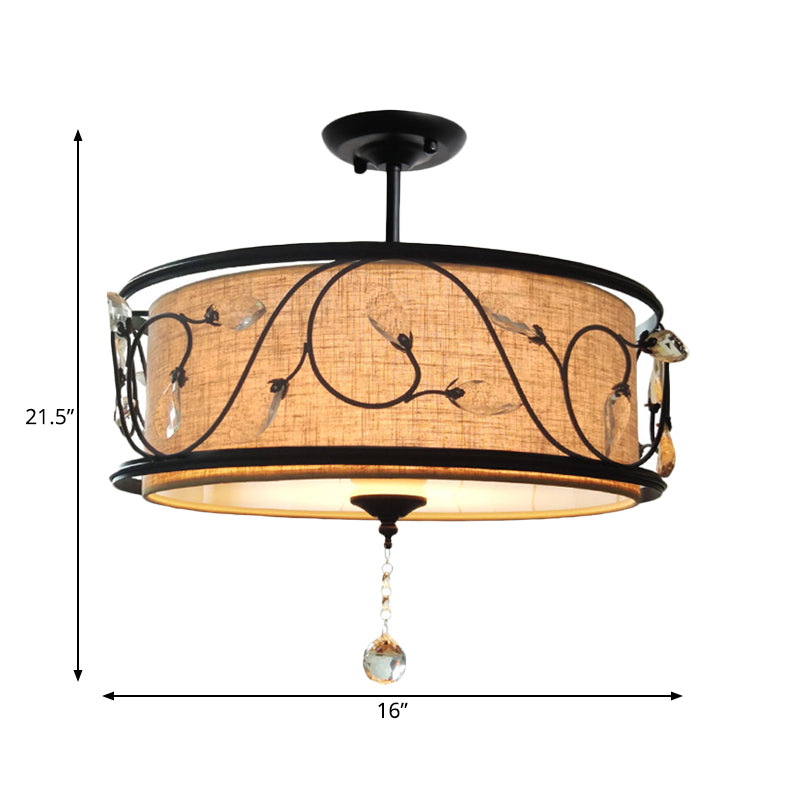 4-Light Black Semi Flush Mount Light 14"/21.5" Dia Rustic Branch Iron Ceiling Light Fixture with Fabric Shade and Crystal Draping Clearhalo 'Ceiling Lights' 'Close To Ceiling Lights' 'Close to ceiling' 'Semi-flushmount' Lighting' 263838