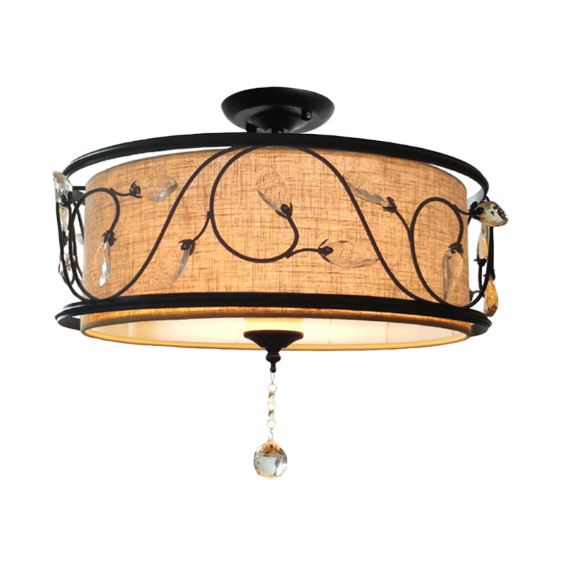 4-Light Black Semi Flush Mount Light 14"/21.5" Dia Rustic Branch Iron Ceiling Light Fixture with Fabric Shade and Crystal Draping Clearhalo 'Ceiling Lights' 'Close To Ceiling Lights' 'Close to ceiling' 'Semi-flushmount' Lighting' 263843