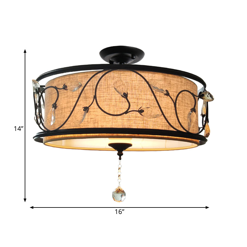 4-Light Black Semi Flush Mount Light 14"/21.5" Dia Rustic Branch Iron Ceiling Light Fixture with Fabric Shade and Crystal Draping Clearhalo 'Ceiling Lights' 'Close To Ceiling Lights' 'Close to ceiling' 'Semi-flushmount' Lighting' 263844