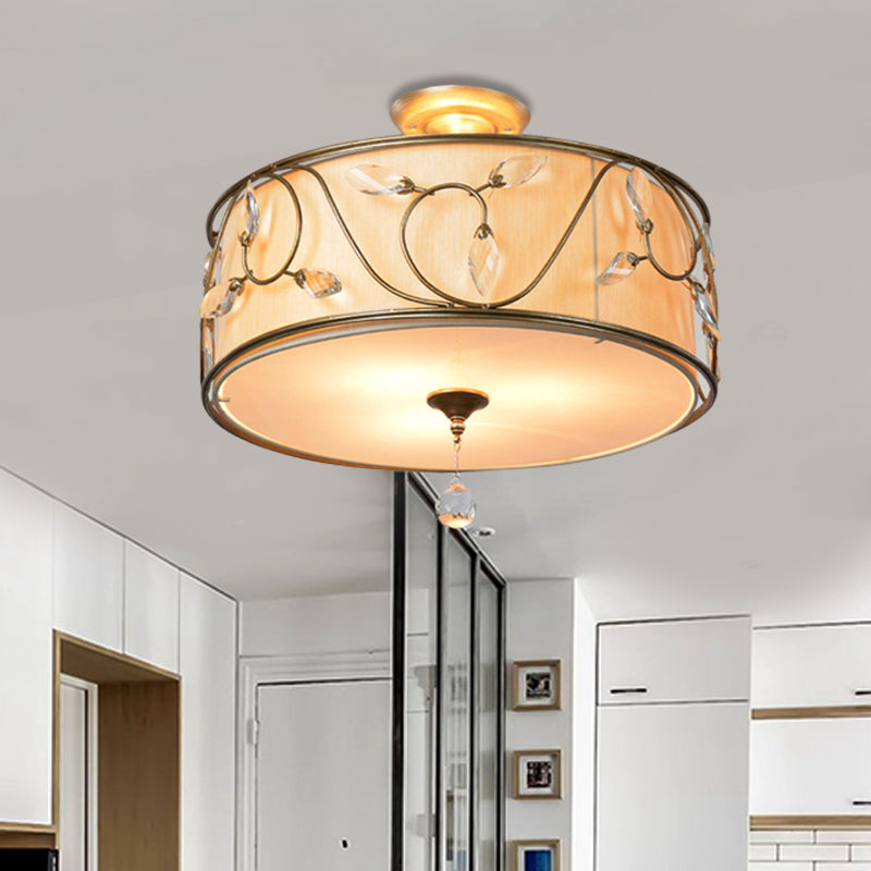 14"/16" Dia Golden 3-Light Semi Flush Lamp Traditional Metal Round Ceiling Light with Crystal Element Clearhalo 'Ceiling Lights' 'Close To Ceiling Lights' 'Close to ceiling' 'Semi-flushmount' Lighting' 263863