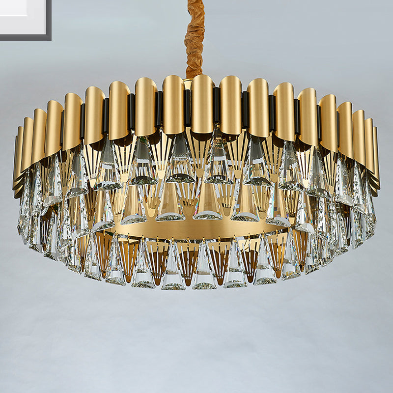 Modernist 4-Tier Round Crystal Chandelier Lamp 8/12-Light Golden Pendant Lighting Fixture 12 Gold Clearhalo 'Ceiling Lights' 'Chandeliers' 'Modern Chandeliers' 'Modern' Lighting' 263886