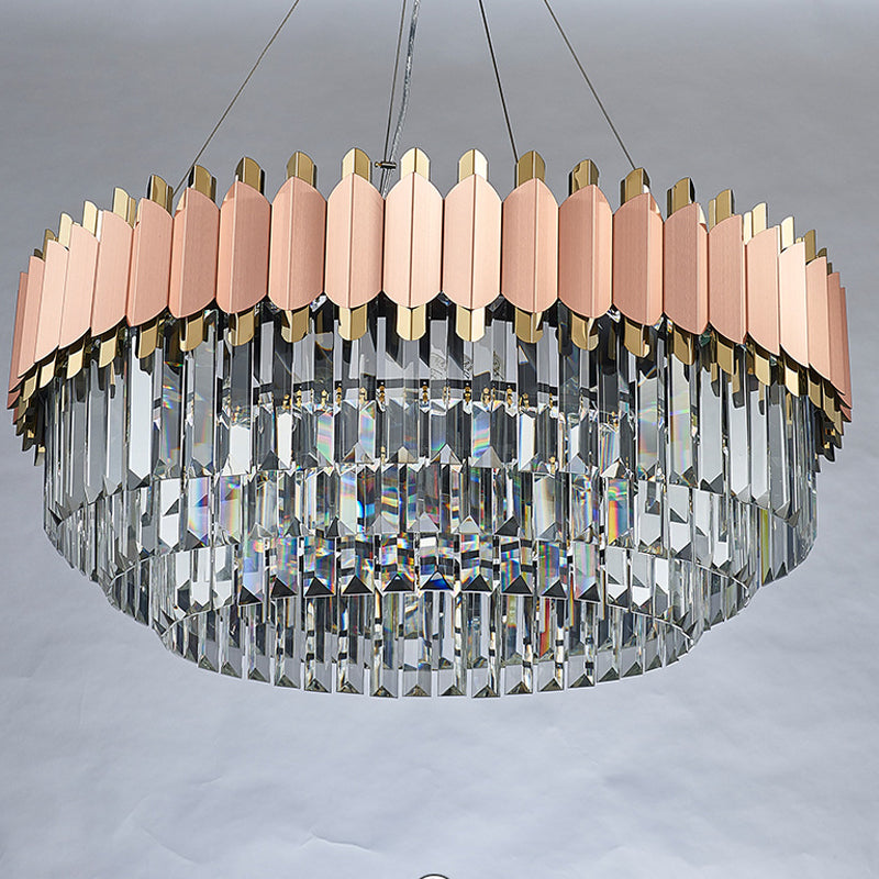 Layered Crystal Drop Pendant Modernism 8/12 Lights Pink and Gold Hanging Ceiling Light 12 Gold Clearhalo 'Ceiling Lights' 'Chandeliers' 'Modern Chandeliers' 'Modern' Lighting' 263904