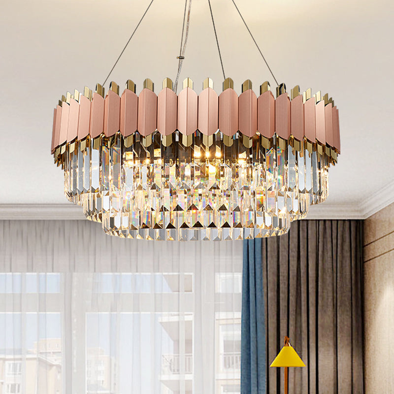 Layered Crystal Drop Pendant Modernism 8/12 Lights Pink and Gold Hanging Ceiling Light Clearhalo 'Ceiling Lights' 'Chandeliers' 'Modern Chandeliers' 'Modern' Lighting' 263905