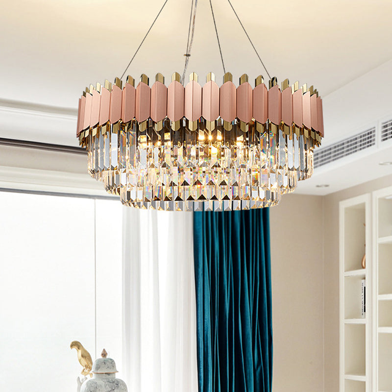 Layered Crystal Drop Pendant Modernism 8/12 Lights Pink and Gold Hanging Ceiling Light Clearhalo 'Ceiling Lights' 'Chandeliers' 'Modern Chandeliers' 'Modern' Lighting' 263906