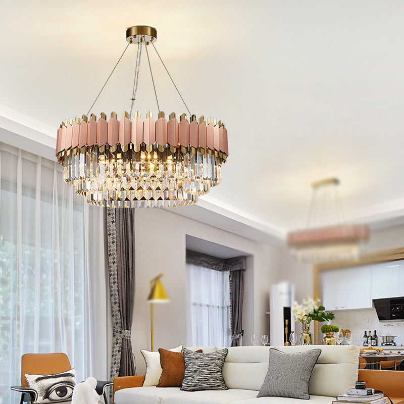 Layered Crystal Drop Pendant Modernism 8/12 Lights Pink and Gold Hanging Ceiling Light Clearhalo 'Ceiling Lights' 'Chandeliers' 'Modern Chandeliers' 'Modern' Lighting' 263907