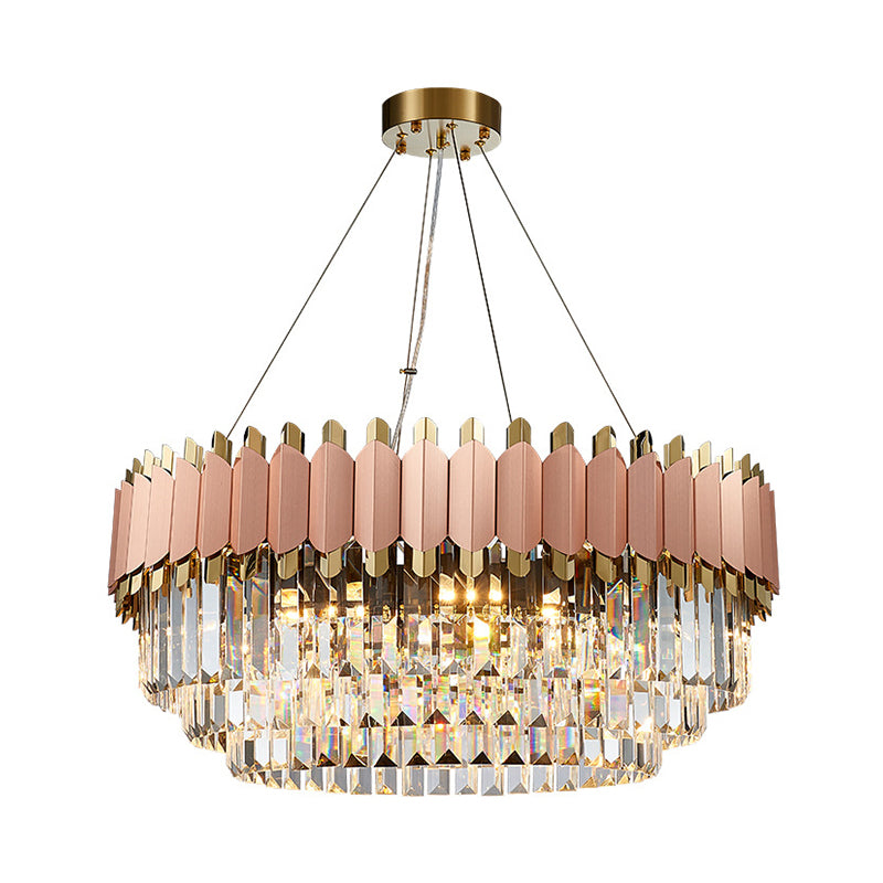 Layered Crystal Drop Pendant Modernism 8/12 Lights Pink and Gold Hanging Ceiling Light Clearhalo 'Ceiling Lights' 'Chandeliers' 'Modern Chandeliers' 'Modern' Lighting' 263908