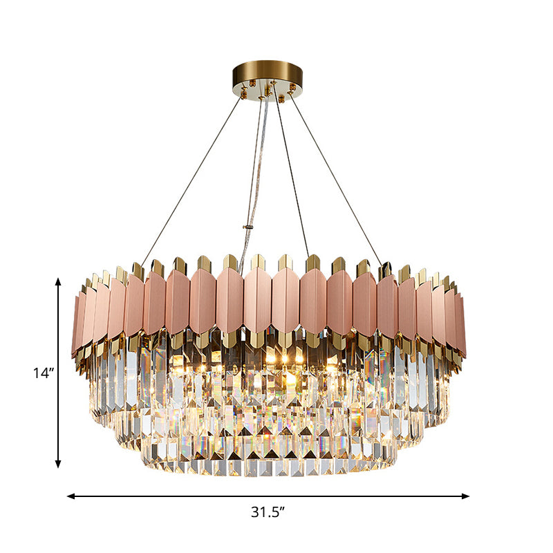 Layered Crystal Drop Pendant Modernism 8/12 Lights Pink and Gold Hanging Ceiling Light Clearhalo 'Ceiling Lights' 'Chandeliers' 'Modern Chandeliers' 'Modern' Lighting' 263909