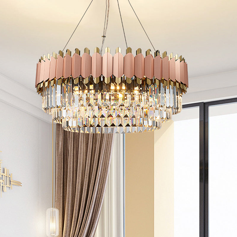 Layered Crystal Drop Pendant Modernism 8/12 Lights Pink and Gold Hanging Ceiling Light 8 Gold Clearhalo 'Ceiling Lights' 'Chandeliers' 'Modern Chandeliers' 'Modern' Lighting' 263911