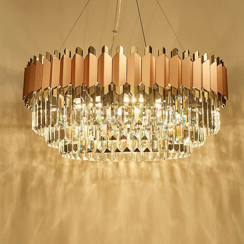 Layered Crystal Drop Pendant Modernism 8/12 Lights Pink and Gold Hanging Ceiling Light Clearhalo 'Ceiling Lights' 'Chandeliers' 'Modern Chandeliers' 'Modern' Lighting' 263912