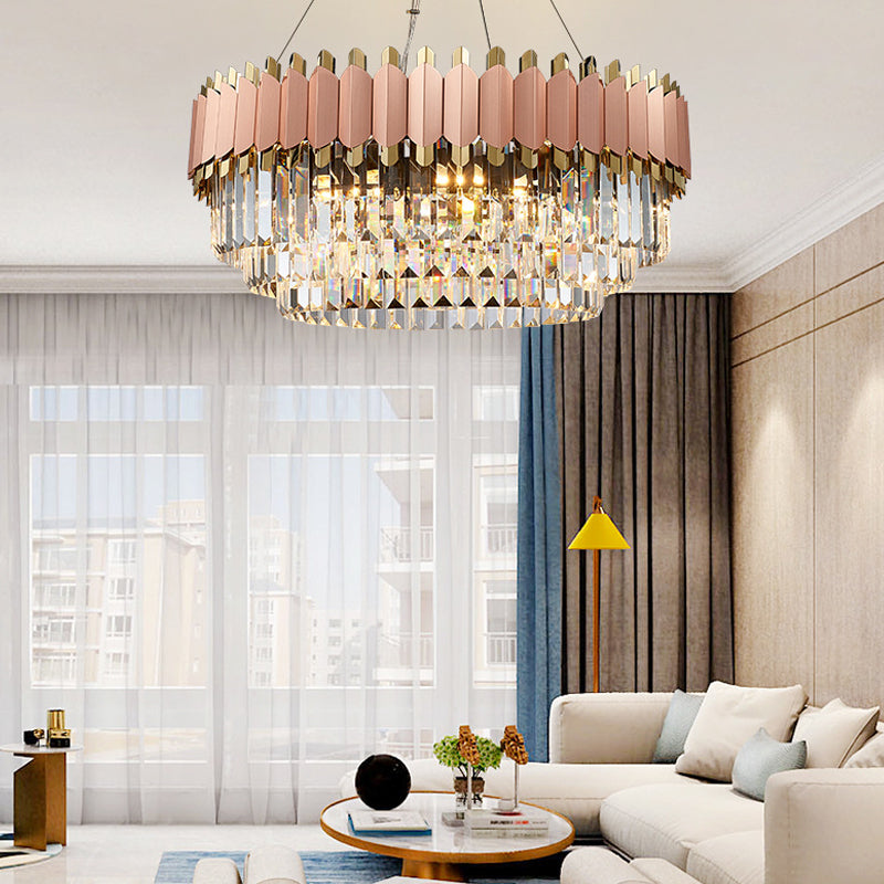 Layered Crystal Drop Pendant Modernism 8/12 Lights Pink and Gold Hanging Ceiling Light Clearhalo 'Ceiling Lights' 'Chandeliers' 'Modern Chandeliers' 'Modern' Lighting' 263913