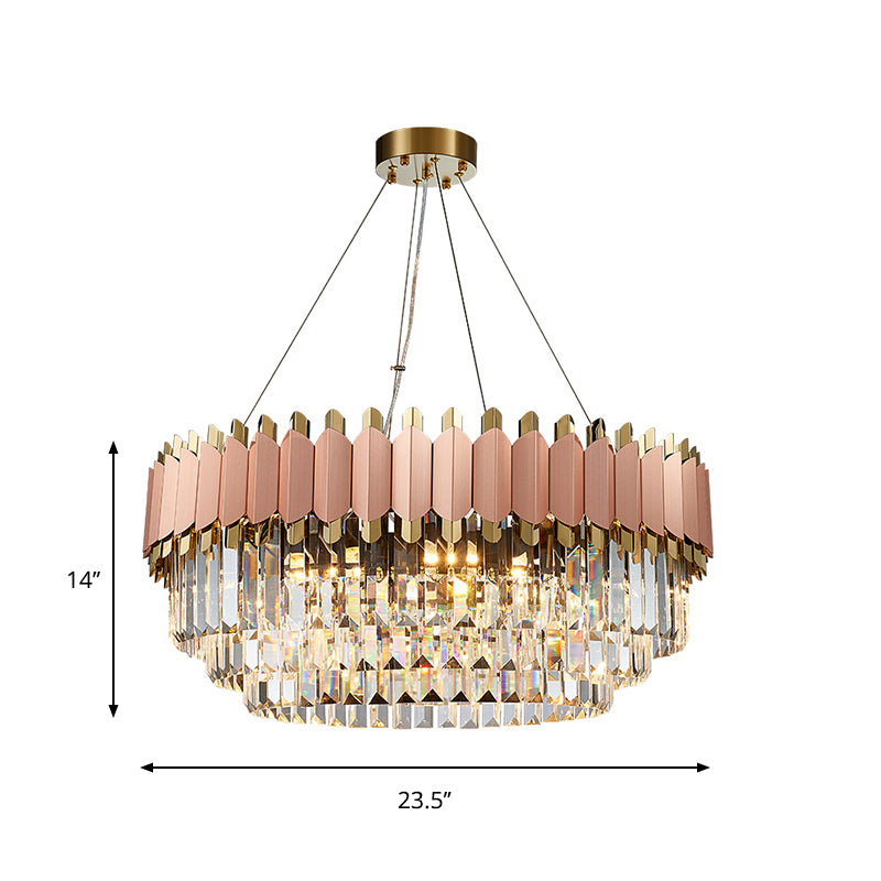 Layered Crystal Drop Pendant Modernism 8/12 Lights Pink and Gold Hanging Ceiling Light Clearhalo 'Ceiling Lights' 'Chandeliers' 'Modern Chandeliers' 'Modern' Lighting' 263915