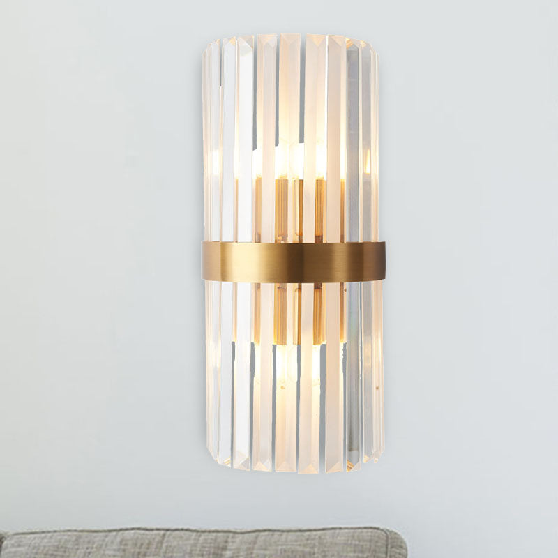 Cylinder Sconce Light Contemporary Three Side Crystal Rod 2 Heads Gold Wall Mounted Light Gold Clearhalo 'Modern wall lights' 'Modern' 'Wall Lamps & Sconces' 'Wall Lights' Lighting' 263922