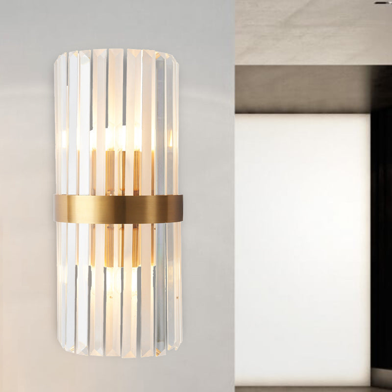 Cylinder Sconce Light Contemporary Three Side Crystal Rod 2 Heads Gold Wall Mounted Light Clearhalo 'Modern wall lights' 'Modern' 'Wall Lamps & Sconces' 'Wall Lights' Lighting' 263924