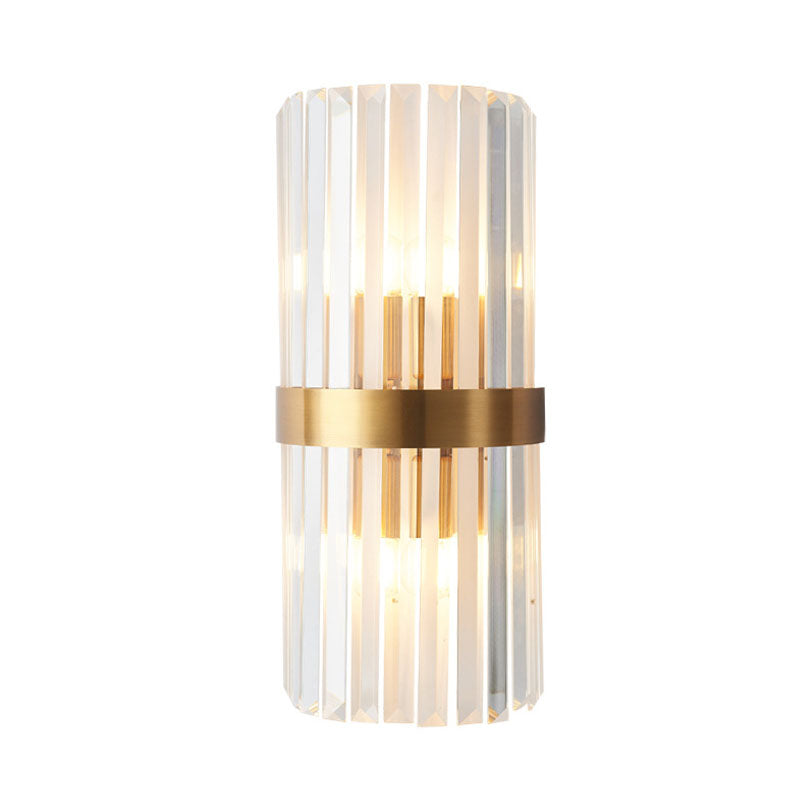 Cylinder Sconce Light Contemporary Three Side Crystal Rod 2 Heads Gold Wall Mounted Light Clearhalo 'Modern wall lights' 'Modern' 'Wall Lamps & Sconces' 'Wall Lights' Lighting' 263925