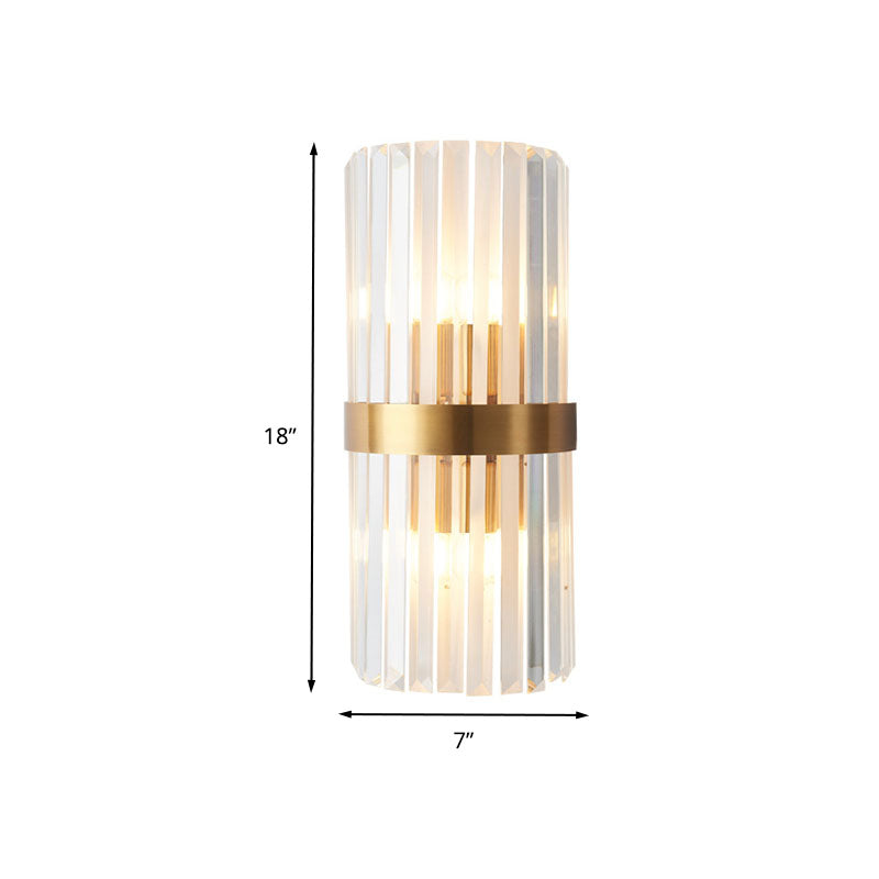 Cylinder Sconce Light Contemporary Three Side Crystal Rod 2 Heads Gold Wall Mounted Light Clearhalo 'Modern wall lights' 'Modern' 'Wall Lamps & Sconces' 'Wall Lights' Lighting' 263926