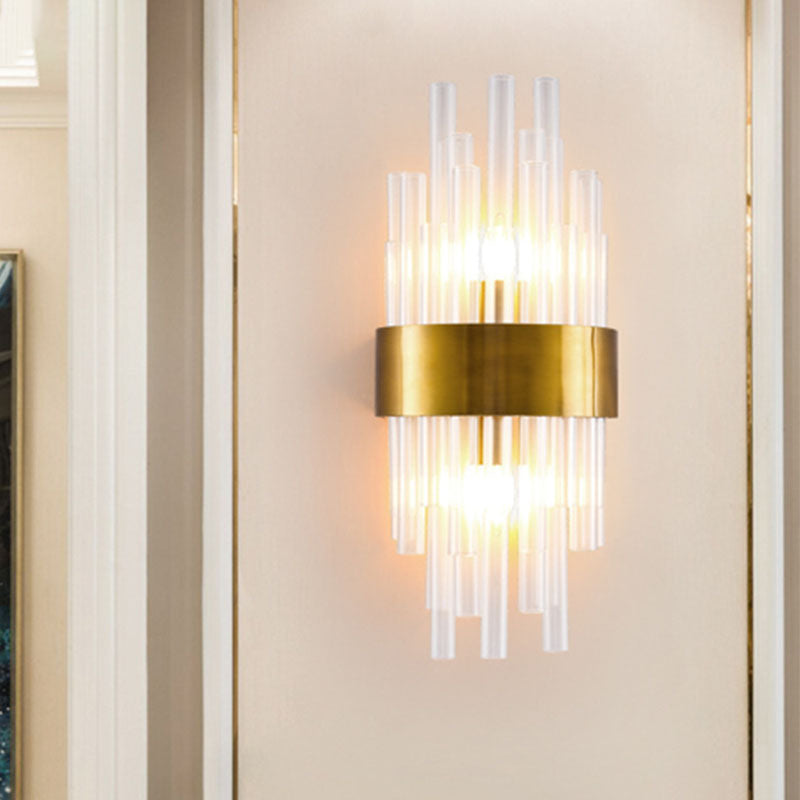 2 Heads Bedroom Wall Mount Light Postmodern Gold Sconce Light with Cylinder Fluted Crystal Shade Gold Clearhalo 'Modern wall lights' 'Modern' 'Wall Lamps & Sconces' 'Wall Lights' Lighting' 263928