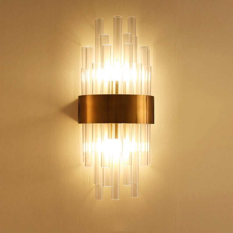 2 Heads Bedroom Wall Mount Light Postmodern Gold Sconce Light with Cylinder Fluted Crystal Shade Clearhalo 'Modern wall lights' 'Modern' 'Wall Lamps & Sconces' 'Wall Lights' Lighting' 263929