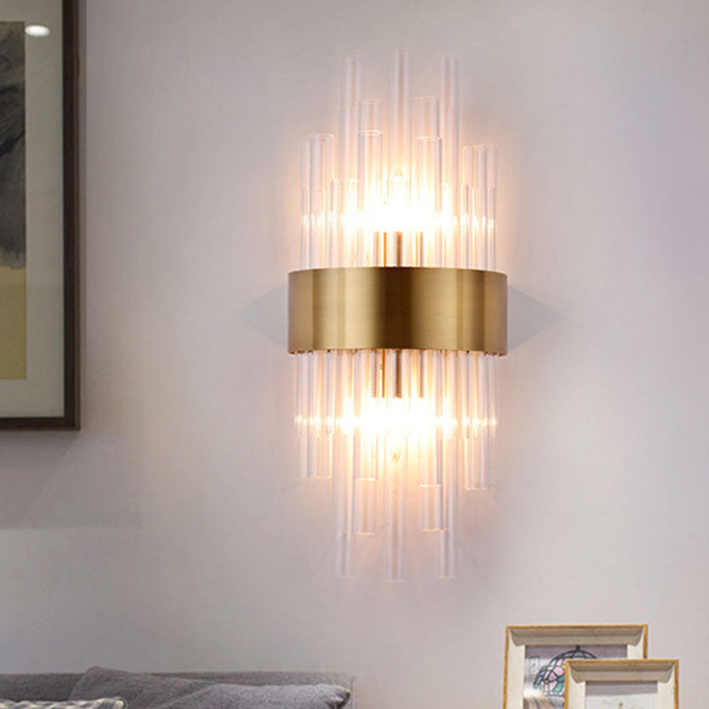 2 Heads Bedroom Wall Mount Light Postmodern Gold Sconce Light with Cylinder Fluted Crystal Shade Clearhalo 'Modern wall lights' 'Modern' 'Wall Lamps & Sconces' 'Wall Lights' Lighting' 263930